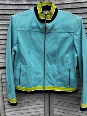St. John Sport by Marie Gray Aqua & Lime Zip Front Jacket Size L
